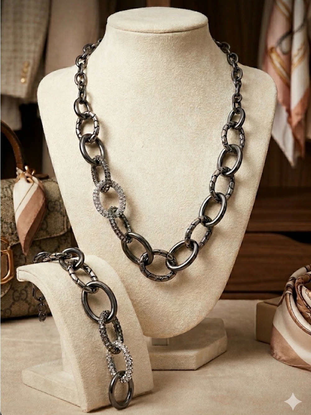 Brighton Gunmetal and Pavé Link Necklace and Bracelet Set 2502